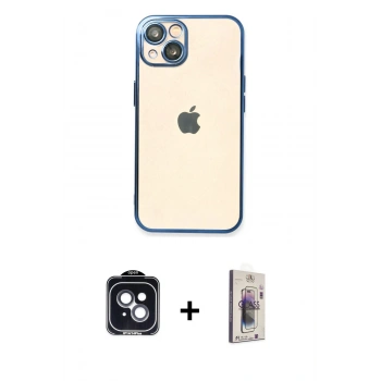 MARSİLYAN™- iPhone 14 Kılıf Vadi Minimal - Siyah Bilvis 3D Cam Ekran Koruyucu + PVD Metal Kamera Lens - SH