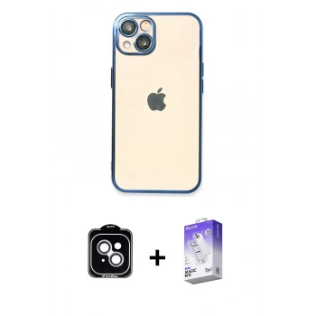 MARSİLYAN™- iPhone 14 Kılıf Vadi Minimal - Siyah Bilvis 5in1 3D Magic Cam Ekran Koruyucu + PVD Metal Kamera Lens - GS