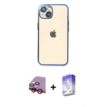 MARSİLYAN™- iPhone 14 Kılıf Vadi Minimal - Siyah Bilvis 5in1 3D Magic Cam Ekran Koruyucu + Raze Metal Kamera Lens - KI