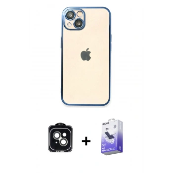 MARSİLYAN™- iPhone 14 Kılıf Vadi Minimal - Siyah Bilvis 5in1 5D Magic Hayalet Cam Ekran Koruyucu + PVD Metal Kamera Lens - YL