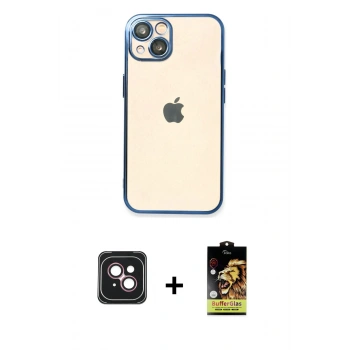 MARSİLYAN™- iPhone 14 Kılıf Vadi Minimal - Siyah Buffer Cam Ekran Koruyucu + PVD Metal Kamera Lens - PE