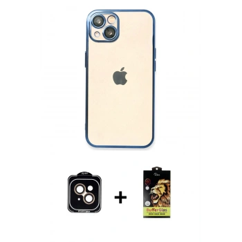 MARSİLYAN™- iPhone 14 Kılıf Vadi Minimal - Siyah Buffer Cam Ekran Koruyucu + PVD Metal Kamera Lens - TU