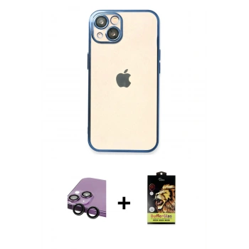 MARSİLYAN™- iPhone 14 Kılıf Vadi Minimal - Siyah Buffer Cam Ekran Koruyucu + Raze Metal Kamera Lens - SH