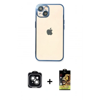 MARSİLYAN™- iPhone 14 Kılıf Vadi Minimal - Siyah Buffer Cam Ekran Koruyucu + PVD Metal Kamera Lens - YL