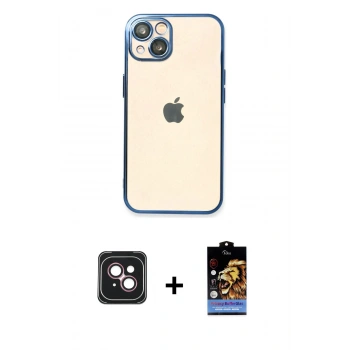 MARSİLYAN™- iPhone 14 Kılıf Vadi Minimal - Siyah Buffer Hayalet Cam Ekran Koruyucu + PVD Metal Kamera Lens - PE