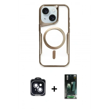 MARSİLYAN™- iPhone 14 Kılıf Yadigar Klasik Özel Seri - Şeffaf 360 Full Body Arka Koruyucu + PVD Metal Kamera Lens - SH
