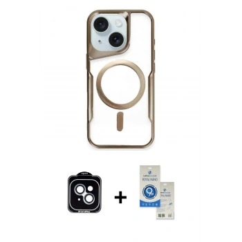 MARSİLYAN™- iPhone 14 Kılıf Yadigar Klasik Özel Seri - Şeffaf Royal Nano Ekran Koruyucu + PVD Metal Kamera Lens - MI