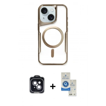 MARSİLYAN™- iPhone 14 Kılıf Yadigar Klasik Özel Seri - Şeffaf Royal Nano Ekran Koruyucu + PVD Metal Kamera Lens - SH