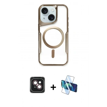 MARSİLYAN™- iPhone 14 Kılıf Yadigar Klasik Özel Seri - Siyah 3D Antistatik Cam Ekran Koruyucu + PVD Metal Kamera Lens - PE