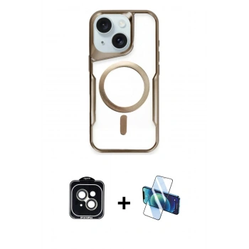MARSİLYAN™- iPhone 14 Kılıf Yadigar Klasik Özel Seri - Siyah 3D Antistatik Cam Ekran Koruyucu + PVD Metal Kamera Lens - YL