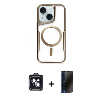 MARSİLYAN™- iPhone 14 Kılıf Yadigar Klasik Özel Seri - Siyah 3D Antistatik Hayalet Cam Ekran Koruyucu + PVD Metal Kamera Lens - SH