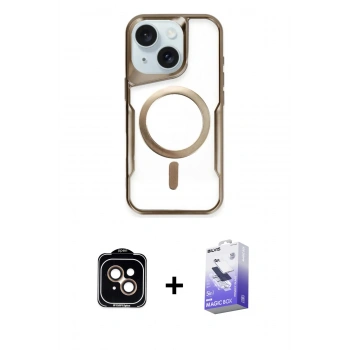 MARSİLYAN™- iPhone 14 Kılıf Yadigar Klasik Özel Seri - Siyah Bilvis 5in1 5D Magic Hayalet Cam Ekran Koruyucu + PVD Metal Kamera Lens - TU