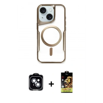 MARSİLYAN™- iPhone 14 Kılıf Yadigar Klasik Özel Seri - Siyah Buffer Cam Ekran Koruyucu + PVD Metal Kamera Lens - MI