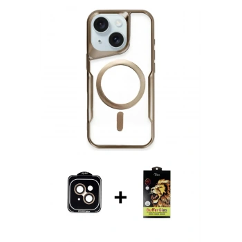 MARSİLYAN™- iPhone 14 Kılıf Yadigar Klasik Özel Seri - Siyah Buffer Cam Ekran Koruyucu + PVD Metal Kamera Lens - TU