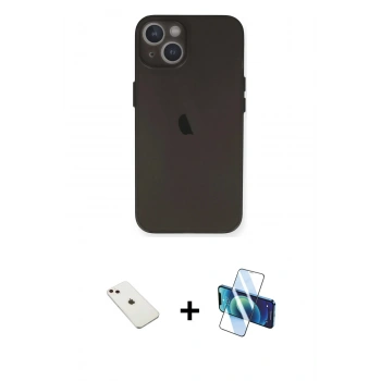 MARSİLYAN™- iPhone 14 Kılıf Yadigar Yansıma Serisi - Siyah 3D Antistatik Cam Ekran Koruyucu + Diamond Kamera Lens - PE