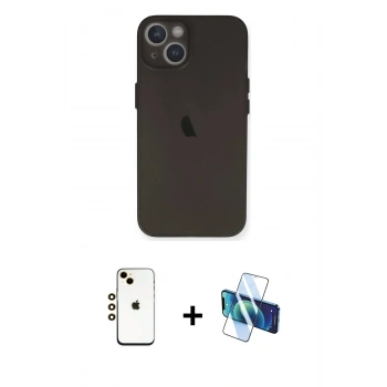 MARSİLYAN™- iPhone 14 Kılıf Yadigar Yansıma Serisi - Siyah 3D Antistatik Cam Ekran Koruyucu + Shine Kamera Lens - GD