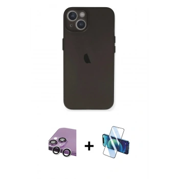 MARSİLYAN™- iPhone 14 Kılıf Yadigar Yansıma Serisi - Siyah 3D Antistatik Cam Ekran Koruyucu + Raze Metal Kamera Lens - GS