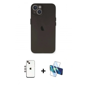 MARSİLYAN™- iPhone 14 Kılıf Yadigar Yansıma Serisi - Siyah 3D Antistatik Cam Ekran Koruyucu + Shine Kamera Lens - GI