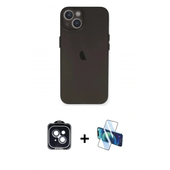 MARSİLYAN™- iPhone 14 Kılıf Yadigar Yansıma Serisi - Siyah 3D Antistatik Cam Ekran Koruyucu + PVD Metal Kamera Lens - SH