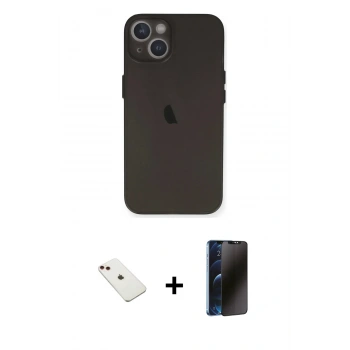 MARSİLYAN™- iPhone 14 Kılıf Yadigar Yansıma Serisi - Siyah 3D Antistatik Hayalet Cam Ekran Koruyucu + Diamond Kamera Lens - KI