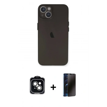 MARSİLYAN™- iPhone 14 Kılıf Yadigar Yansıma Serisi - Siyah 3D Antistatik Hayalet Cam Ekran Koruyucu + PVD Metal Kamera Lens - YL