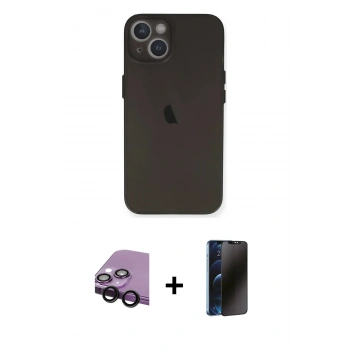 MARSİLYAN™- iPhone 14 Kılıf Yadigar Yansıma Serisi - Siyah 3D Antistatik Hayalet Cam Ekran Koruyucu + Raze Metal Kamera Lens - SH