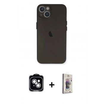 MARSİLYAN™- iPhone 14 Kılıf Yadigar Yansıma Serisi - Siyah Bilvis 3D Cam Ekran Koruyucu + PVD Metal Kamera Lens - GS