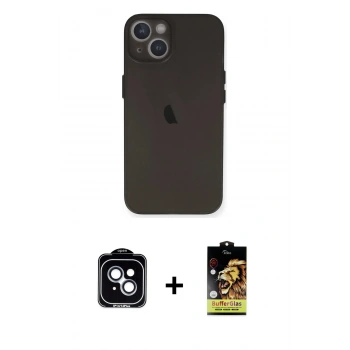 MARSİLYAN™- iPhone 14 Kılıf Yadigar Yansıma Serisi - Siyah Buffer Cam Ekran Koruyucu + PVD Metal Kamera Lens - MI