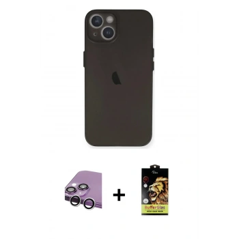 MARSİLYAN™- iPhone 14 Kılıf Yadigar Yansıma Serisi - Siyah Buffer Cam Ekran Koruyucu + Raze Metal Kamera Lens - GS