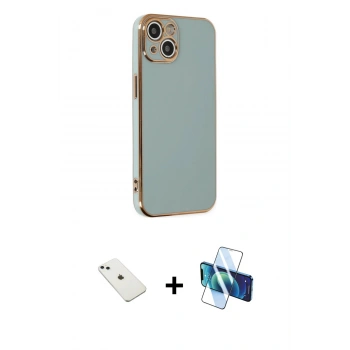 MARSİLYAN™- iPhone 14 Kılıf Yankı Serisi - Siyah 3D Antistatik Cam Ekran Koruyucu + Diamond Kamera Lens - SABE