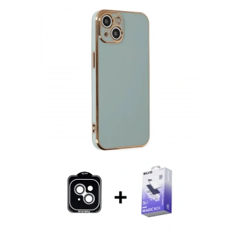 MARSİLYAN™- iPhone 14 Kılıf Yankı Serisi - Siyah Bilvis 5in1 5D Magic Hayalet Cam Ekran Koruyucu + PVD Metal Kamera Lens - GS
