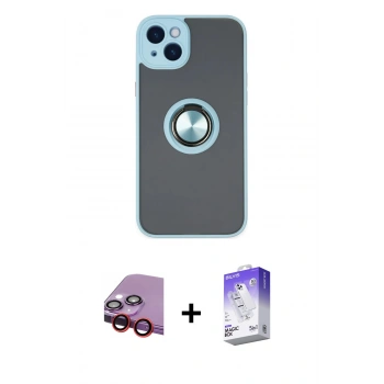 MARSİLYAN™- iPhone 14 Kılıf Yörünge Çizgi - Siyah Bilvis 5in1 3D Magic Cam Ekran Koruyucu + Raze Metal Kamera Lens - KI