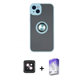 MARSİLYAN™- iPhone 14 Kılıf Yörünge Çizgi - Siyah Bilvis 5in1 3D Magic Cam Ekran Koruyucu + PVD Metal Kamera Lens - PE