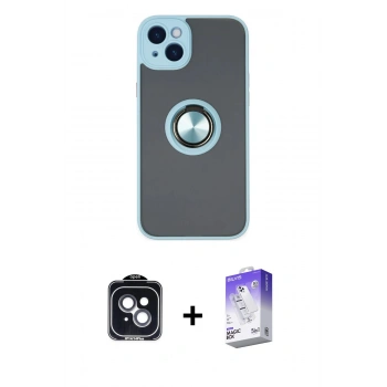 MARSİLYAN™- iPhone 14 Kılıf Yörünge Çizgi - Siyah Bilvis 5in1 3D Magic Cam Ekran Koruyucu + PVD Metal Kamera Lens - SH