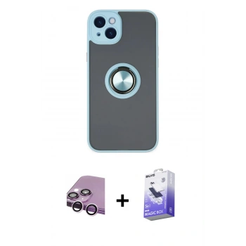 MARSİLYAN™- iPhone 14 Kılıf Yörünge Çizgi - Siyah Bilvis 5in1 5D Magic Hayalet Cam Ekran Koruyucu + Raze Metal Kamera Lens - MR
