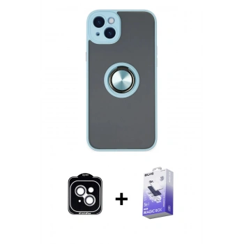 MARSİLYAN™- iPhone 14 Kılıf Yörünge Çizgi - Siyah Bilvis 5in1 5D Magic Hayalet Cam Ekran Koruyucu + PVD Metal Kamera Lens - GS