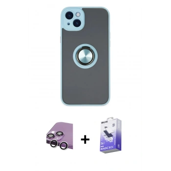 MARSİLYAN™- iPhone 14 Kılıf Yörünge Çizgi - Siyah Bilvis 5in1 5D Magic Hayalet Cam Ekran Koruyucu + Raze Metal Kamera Lens - GS