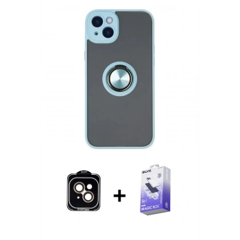 MARSİLYAN™- iPhone 14 Kılıf Yörünge Çizgi - Siyah Bilvis 5in1 5D Magic Hayalet Cam Ekran Koruyucu + PVD Metal Kamera Lens - TU