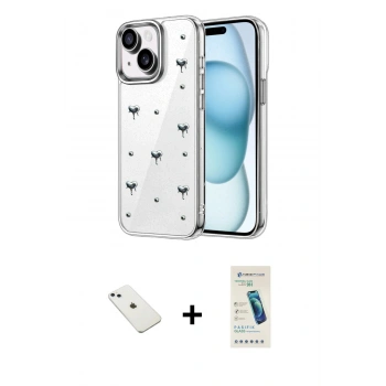 MARSİLYAN™- iPhone 14 Kılıf Yörünge Form - Şeffaf Pasifik Cam Ekran Koruyucu + Diamond Kamera Lens - SABE