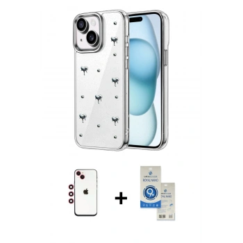 MARSİLYAN™- iPhone 14 Kılıf Yörünge Form - Şeffaf Royal Nano Ekran Koruyucu + Shine Kamera Lens - KI