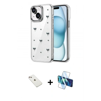 MARSİLYAN™- iPhone 14 Kılıf Yörünge Form - Siyah 3D Antistatik Cam Ekran Koruyucu + Diamond Kamera Lens - PE