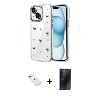 MARSİLYAN™- iPhone 14 Kılıf Yörünge Form - Siyah 3D Antistatik Hayalet Cam Ekran Koruyucu + Diamond Kamera Lens - SABE