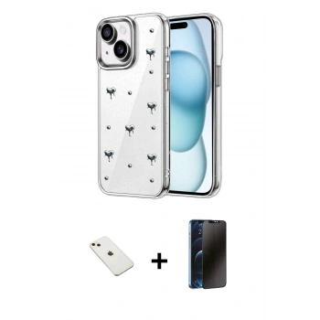 MARSİLYAN™- iPhone 14 Kılıf Yörünge Form - Siyah 3D Antistatik Hayalet Cam Ekran Koruyucu + Diamond Kamera Lens - PE