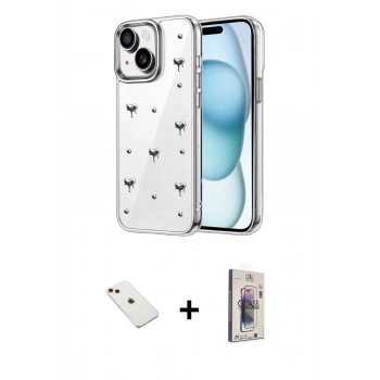 MARSİLYAN™- iPhone 14 Kılıf Yörünge Form - Siyah Bilvis 3D Cam Ekran Koruyucu + Diamond Kamera Lens - KI