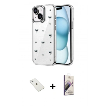 MARSİLYAN™- iPhone 14 Kılıf Yörünge Form - Siyah Bilvis 3D Mat Cam Ekran Koruyucu + Diamond Kamera Lens - SABE