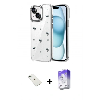 MARSİLYAN™- iPhone 14 Kılıf Yörünge Form - Siyah Bilvis 5in1 3D Magic Cam Ekran Koruyucu + Diamond Kamera Lens - YL