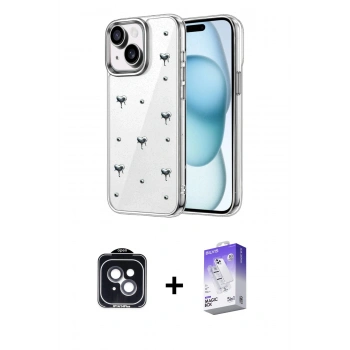 MARSİLYAN™- iPhone 14 Kılıf Yörünge Form - Siyah Bilvis 5in1 3D Magic Cam Ekran Koruyucu + PVD Metal Kamera Lens - SH