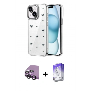 MARSİLYAN™- iPhone 14 Kılıf Yörünge Form - Siyah Bilvis 5in1 3D Magic Cam Ekran Koruyucu + Raze Metal Kamera Lens - SH
