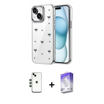 MARSİLYAN™- iPhone 14 Kılıf Yörünge Form - Siyah Bilvis 5in1 3D Magic Cam Ekran Koruyucu + Shine Kamera Lens - YL