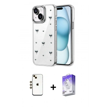 MARSİLYAN™- iPhone 14 Kılıf Yörünge Form - Siyah Bilvis 5in1 3D Magic Cam Ekran Koruyucu + Shine Kamera Lens - GD
